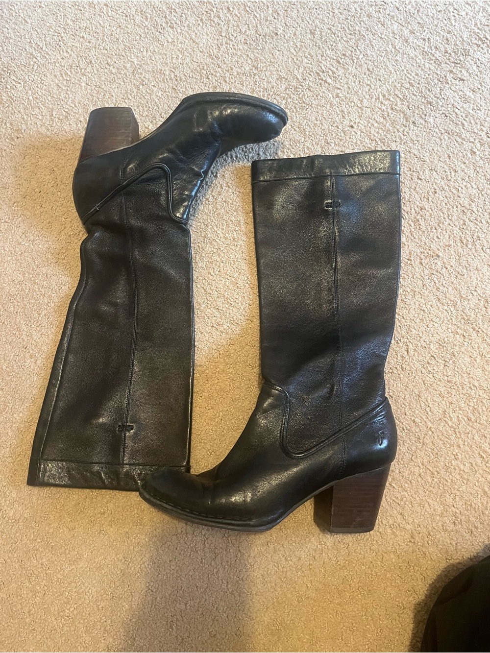Frye Black Leather Knee-High Block Heel Boots